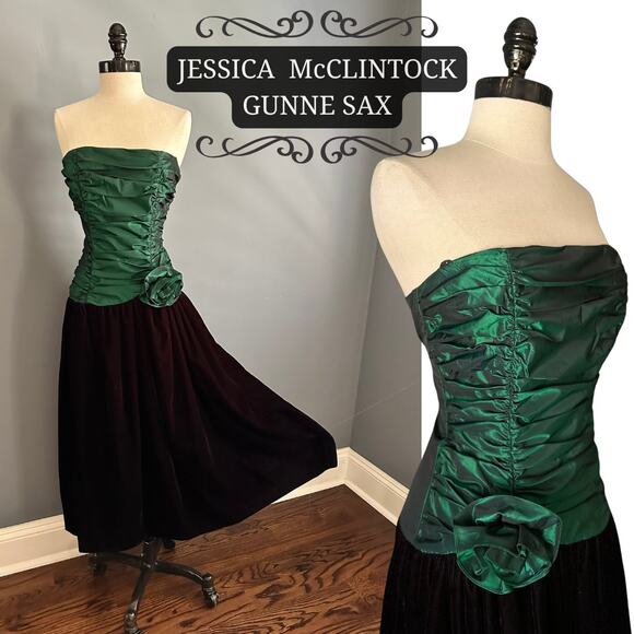 Vtg Gunne Sax Green Dress Winter Formal Prom Whimsy Goth Alt Retro 60s Christmas - Picture 1 of 10